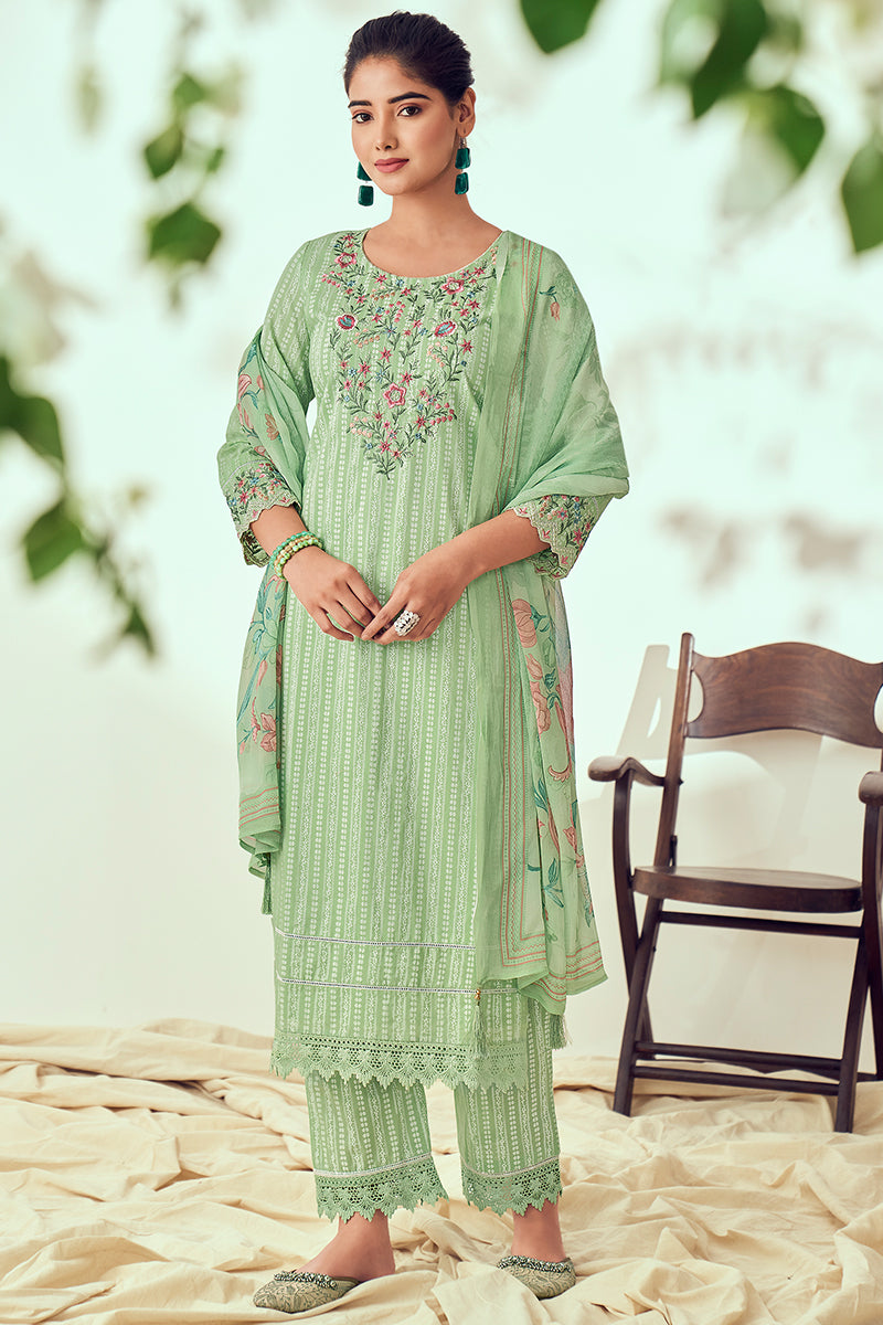 Green Superior Cotton Print With Embroidery Salwar Suit