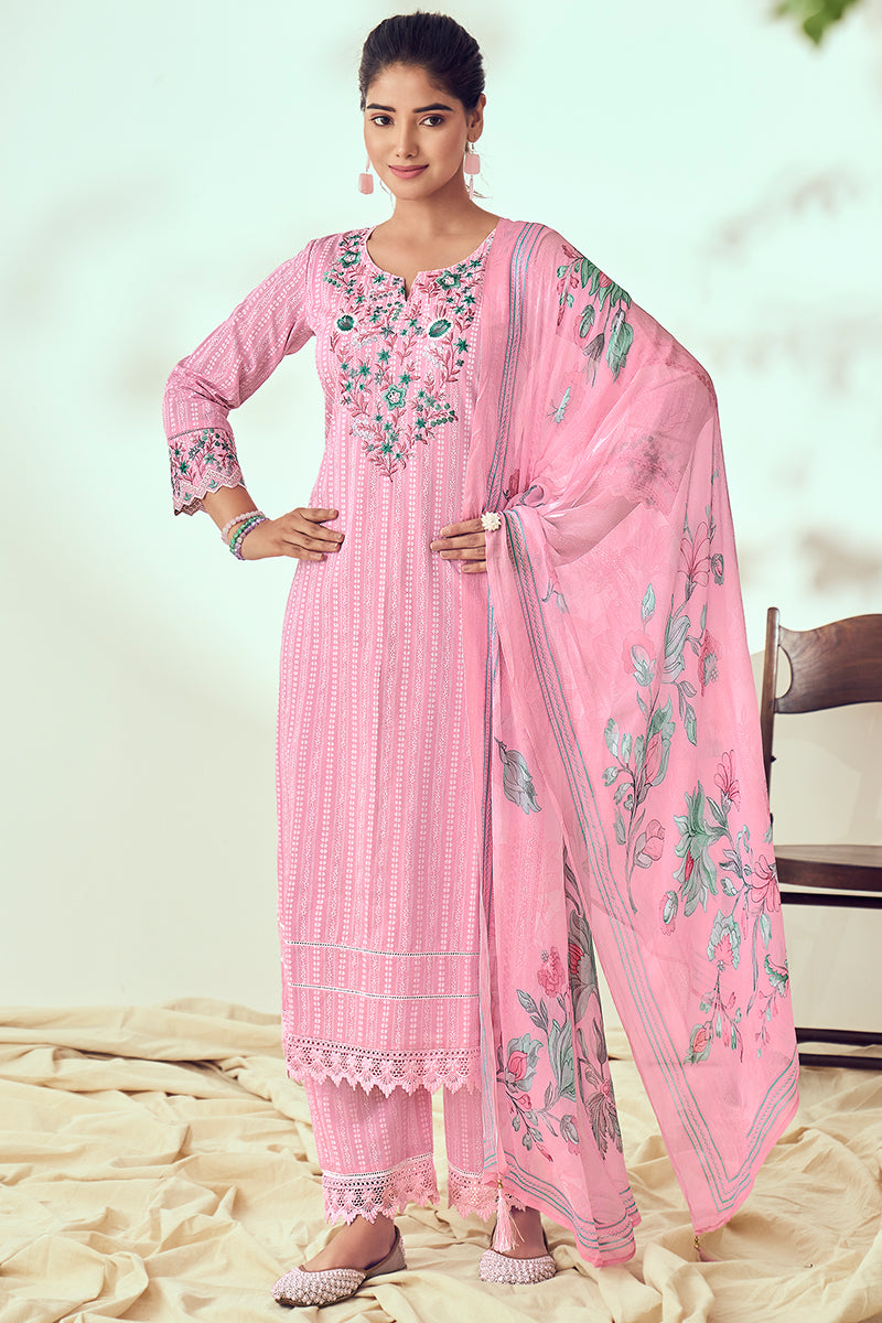 Pink Superior Cotton Print With Embroidery Salwar Suit