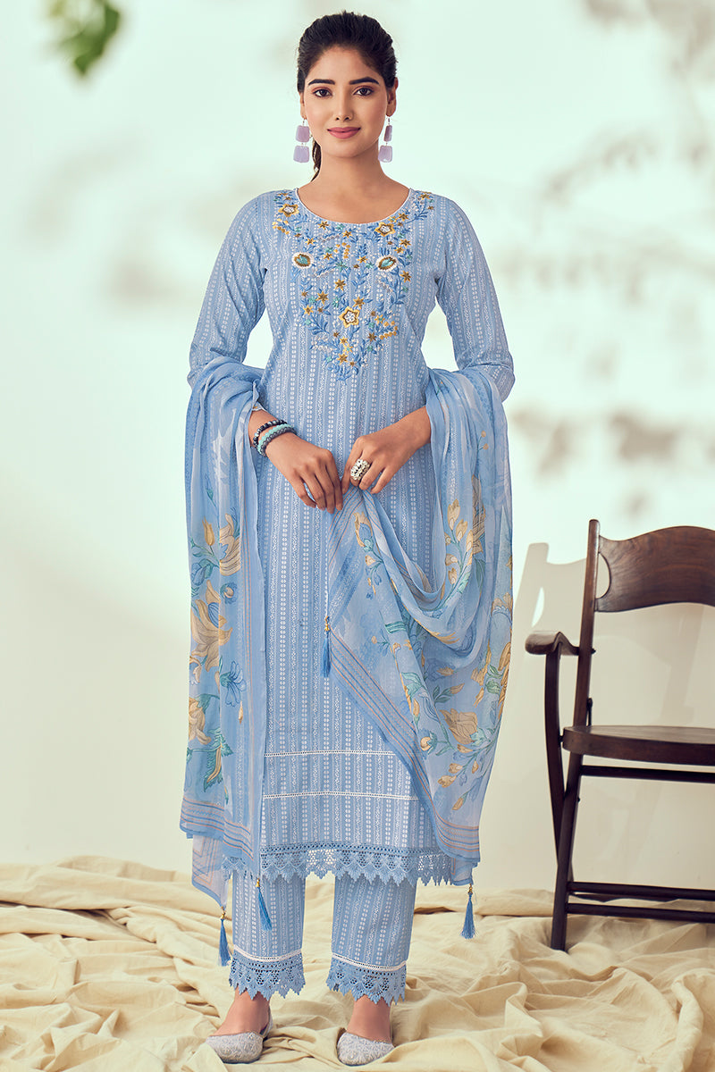 Blue Superior Cotton Print With Embroidery Salwar Suit