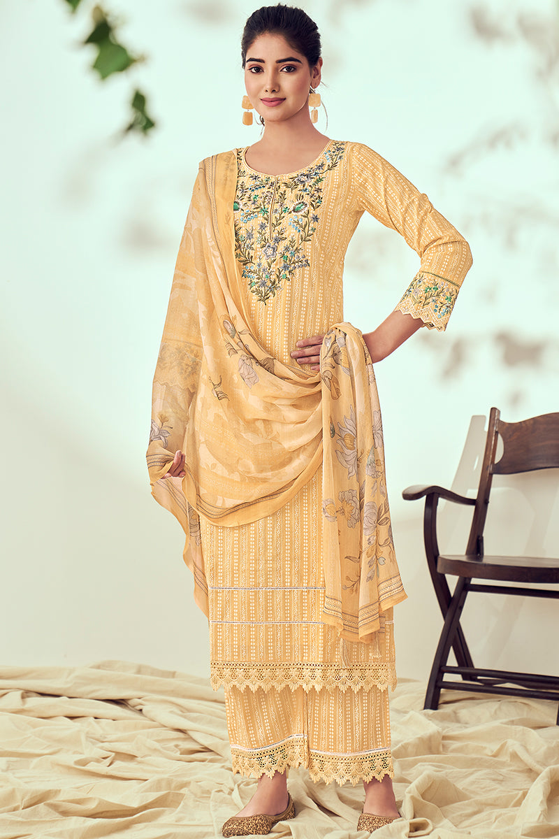 Yellow Superior Cotton Print With Embroidery Salwar Suit