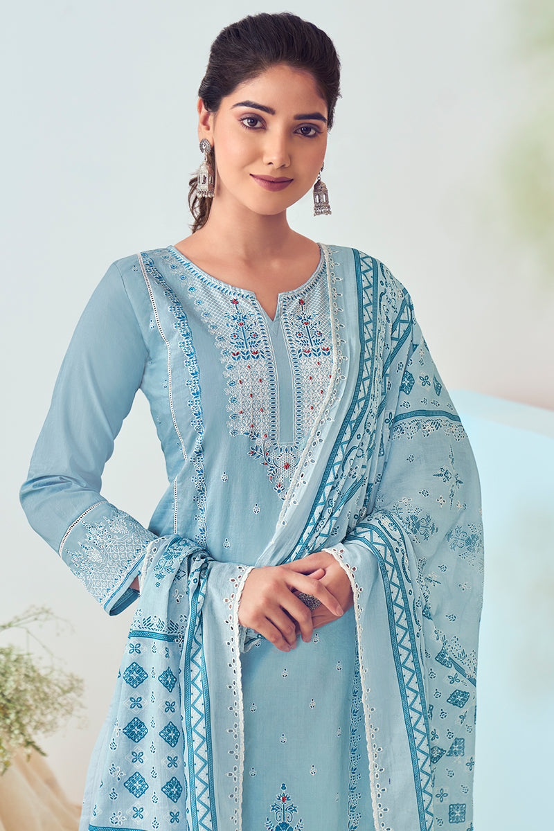 Blue Superior Cotton Lucknowi With Hand Work Print Salwar Suit