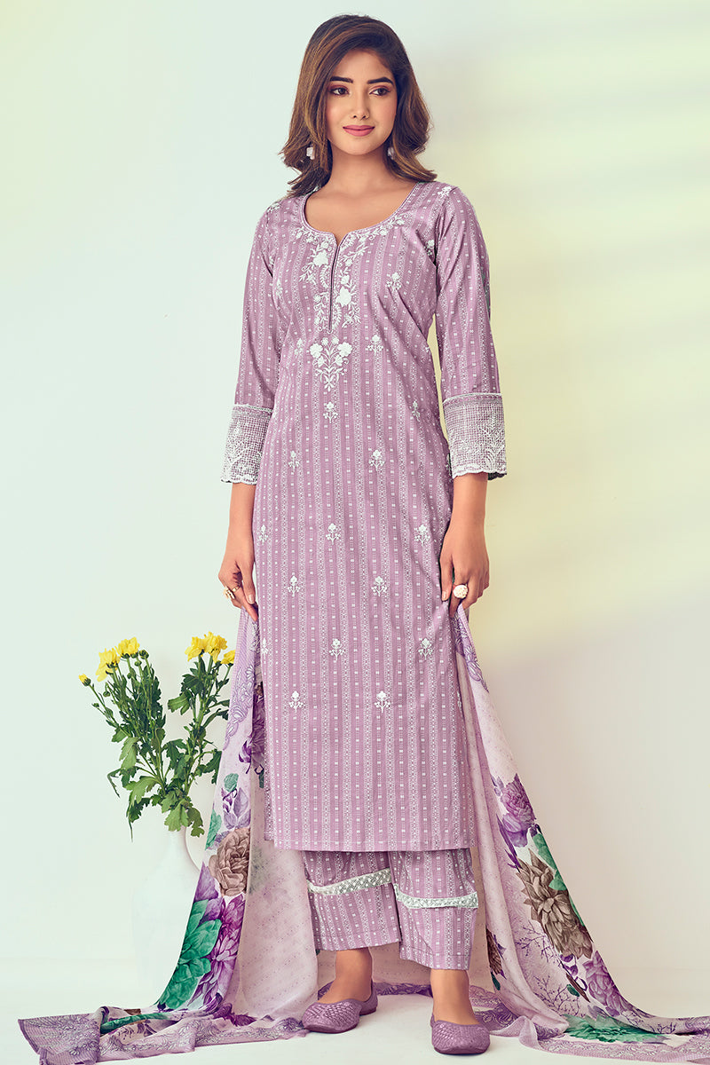 Lilac Superior Cotton Katha Print Salwar Suit