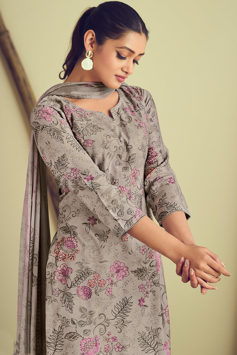 Grace Meets Luxury In Our Grey Pure Bemberg Rose Silk Salwar Suit