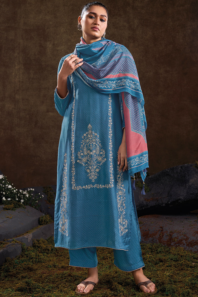 Ethereal Elegance in Blue Coral Pure Bemberg Muslin Salwar Suit