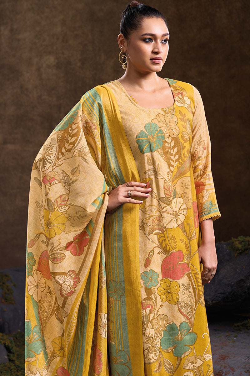 Refined Beauty in Craftsman Gold Bemberg Tussar Tissue Salwar Suit