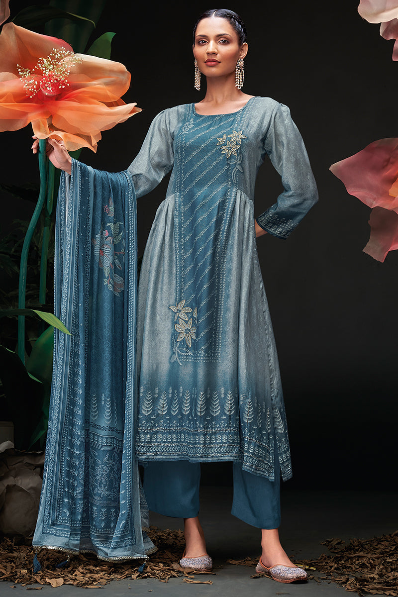 Channel Elegance in a Deep Sapphire Pure Bemberg Salwar Suit